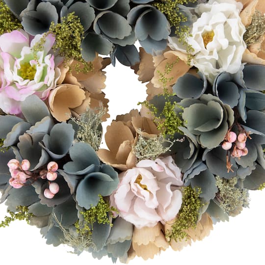 10" Tan & Blue Wooden Floral Wreath